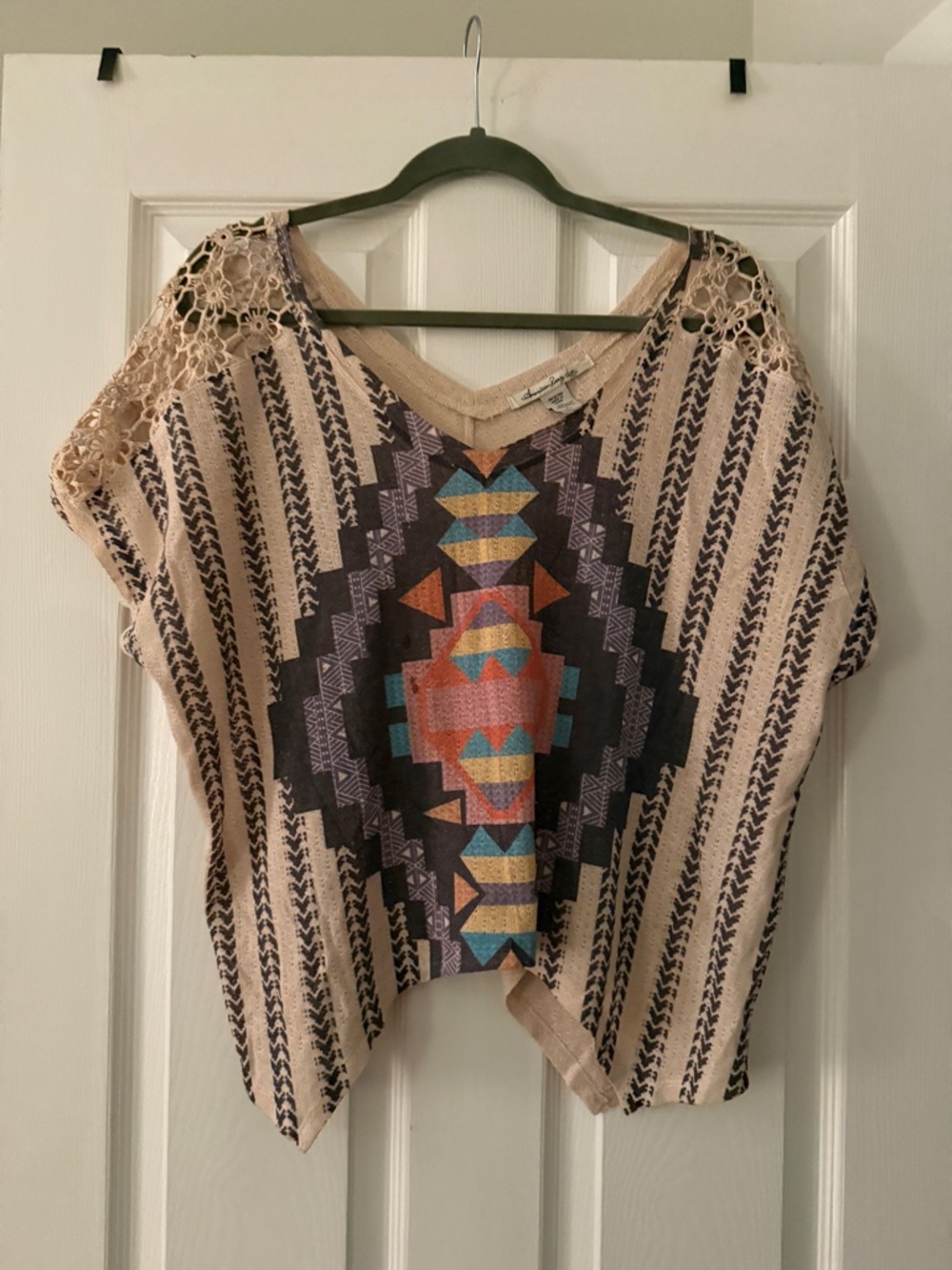 American Rag Beige Crochet-Shoulder Aztec Print Top